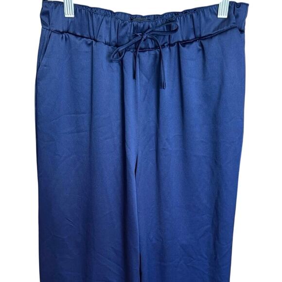Carbon38 Satin Wide Leg Pant High Rise Pull On Elastic Waist Navy Blue Size Smal - Picture 3 of 11